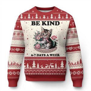 Be Kind 6 7 Days a Week Ugly Christmas Sweater Funny Six Seven Cat Teacher Meme TS14 Beige Red Print Your Wear
