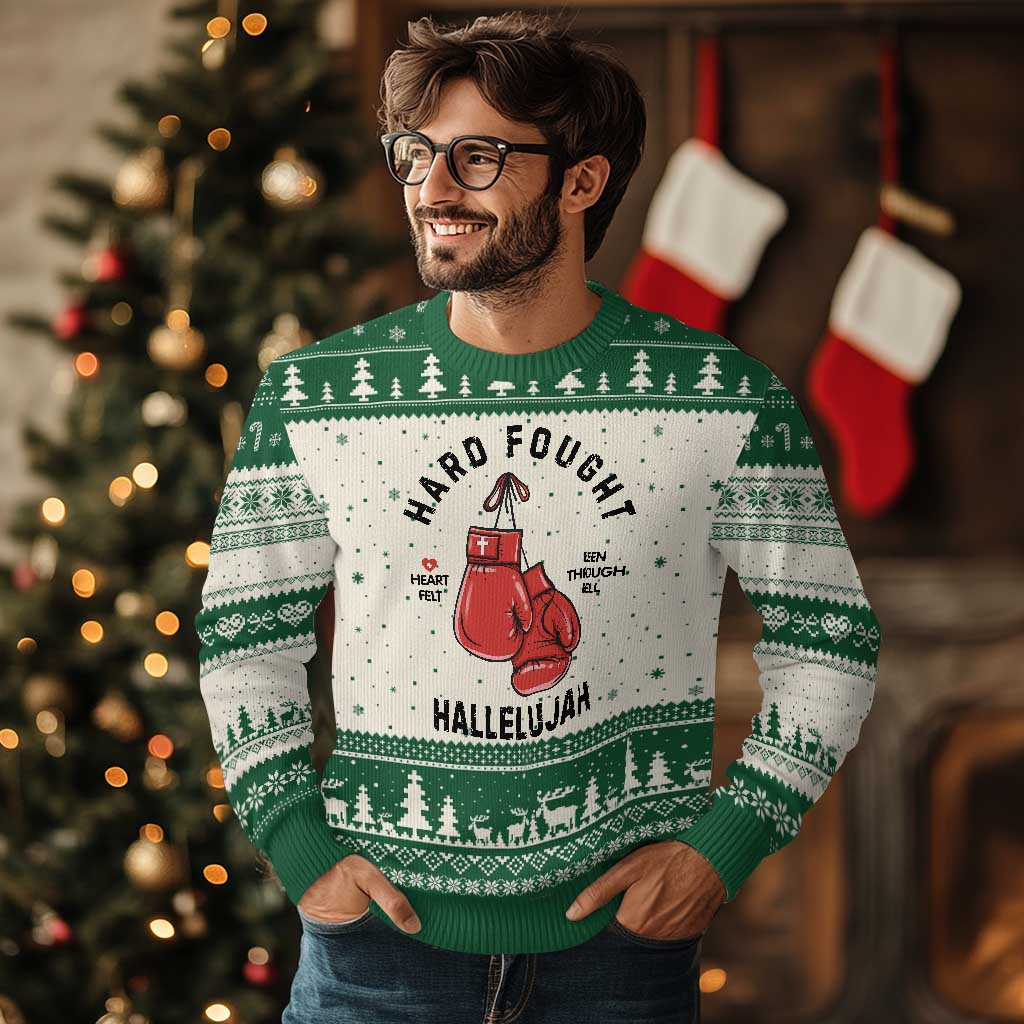 Hard Fought Hallelujah Ugly Christmas Sweater Christian Boxing Gloves Bible Verse Faith TS14 Beige Green Print Your Wear