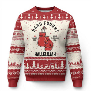 Hard Fought Hallelujah Ugly Christmas Sweater Christian Boxing Gloves Bible Verse Faith TS14 Beige Red Print Your Wear