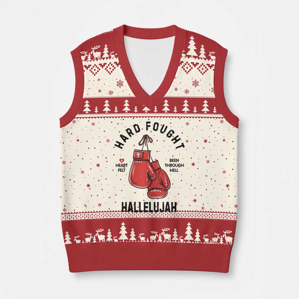 Hard Fought Hallelujah V-Neck Knit Sweater Vest Christian Boxing Gloves Bible Verse Faith TS14 Beige Red Print Your Wear