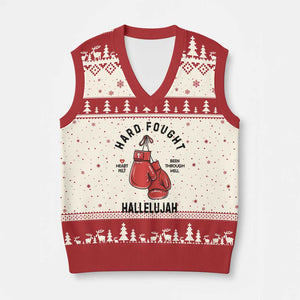 Hard Fought Hallelujah V-Neck Knit Sweater Vest Christian Boxing Gloves Bible Verse Faith TS14 Beige Red Print Your Wear