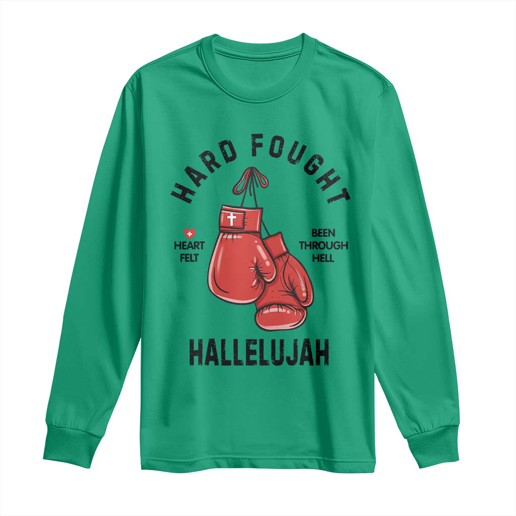 Hard Fought Hallelujah Long Sleeve Shirt Christian Boxing Gloves Bible Verse Faith TS14 Irish Green Print Your Wear