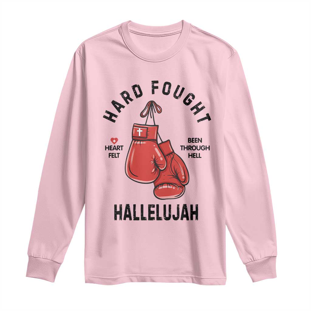 Hard Fought Hallelujah Long Sleeve Shirt Christian Boxing Gloves Bible Verse Faith TS14 Light Pink Print Your Wear