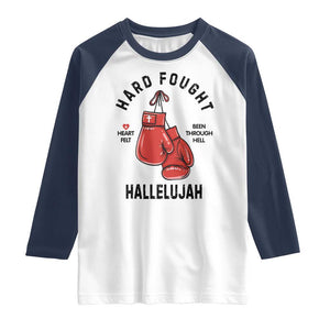 Hard Fought Hallelujah Raglan Shirt Christian Boxing Gloves Bible Verse Faith TS14 White Navy Print Your Wear