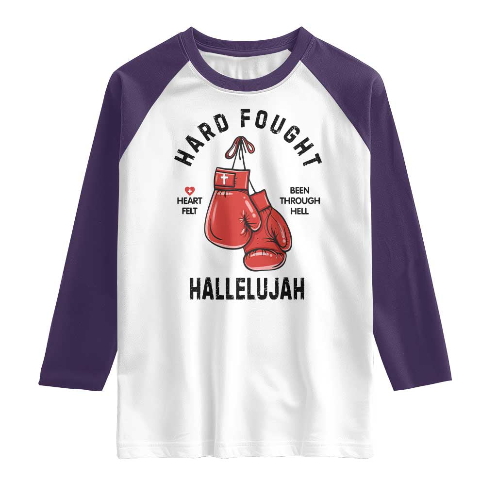 Hard Fought Hallelujah Raglan Shirt Christian Boxing Gloves Bible Verse Faith TS14 White Purple Print Your Wear