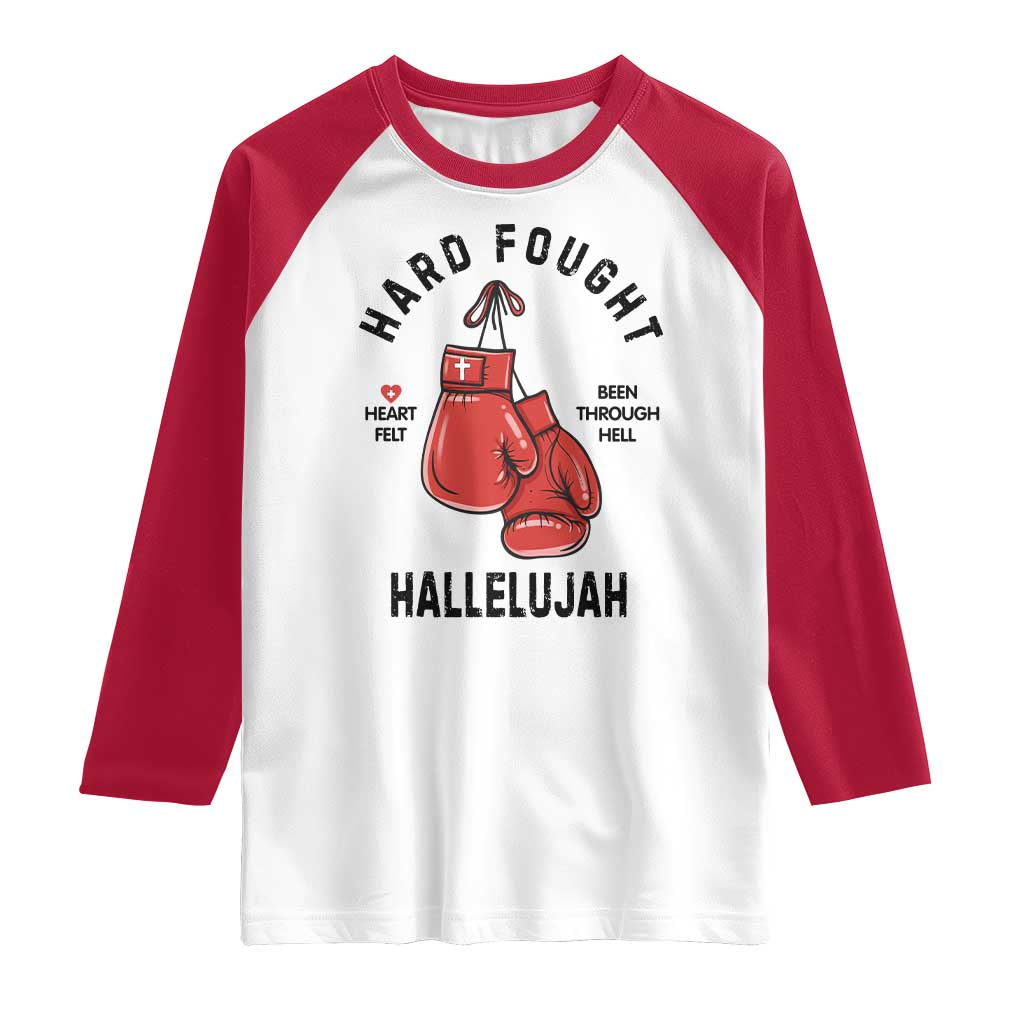Hard Fought Hallelujah Raglan Shirt Christian Boxing Gloves Bible Verse Faith TS14 White Red Print Your Wear