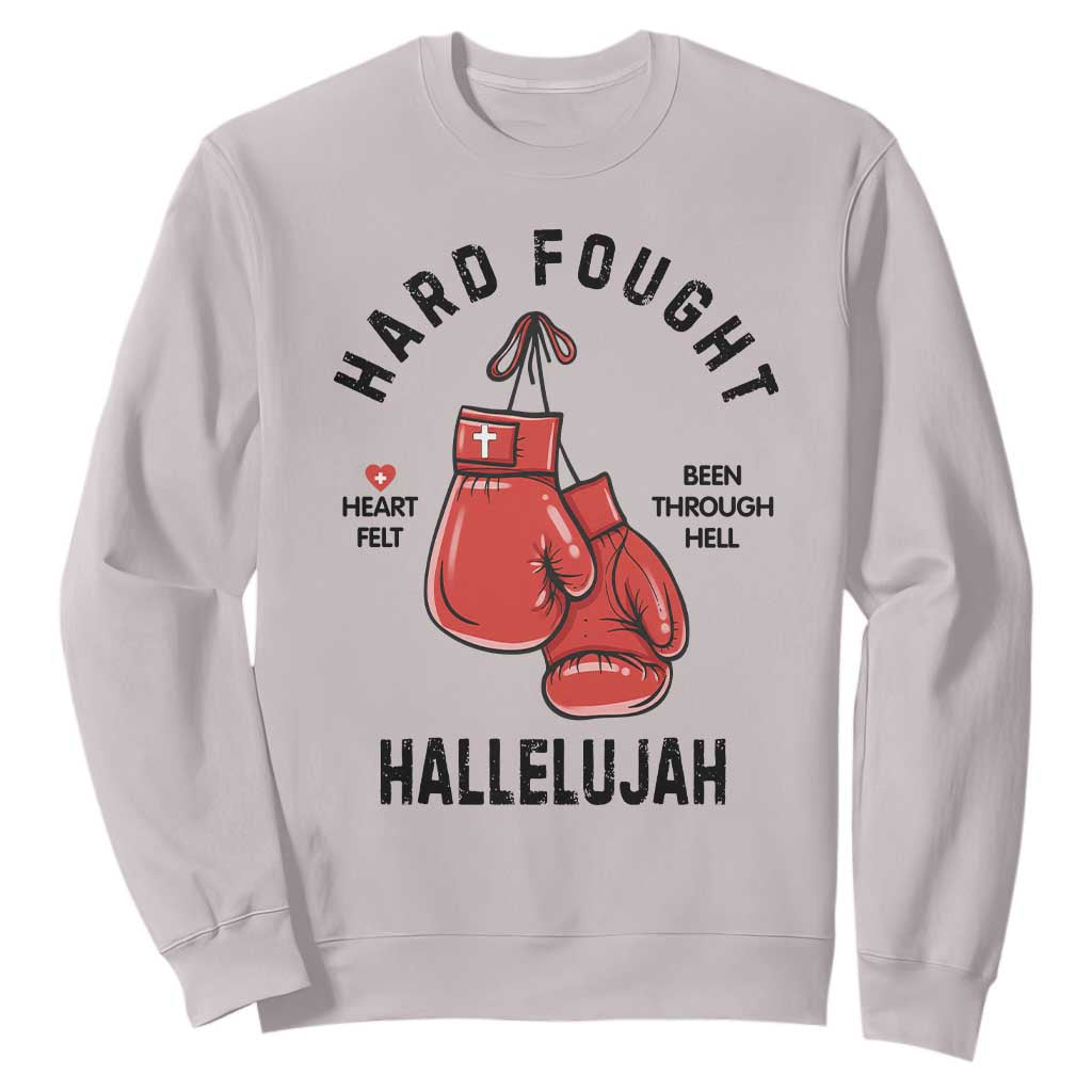 Hard Fought Hallelujah Sweatshirt Christian Boxing Gloves Bible Verse Faith TS14 Ice Gray Print Your Wear