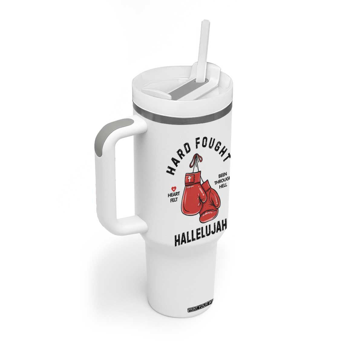 Hard Fought Hallelujah Tumbler With Handle Christian Boxing Gloves Bible Verse Faith TS14 Print Your Wear