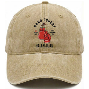 Hard Fought Hallelujah Washed Cotton Baseball Cap Christian Boxing Gloves Bible Verse Faith TS14 Washed Cap Universal Fit Khaki Print Your Wear