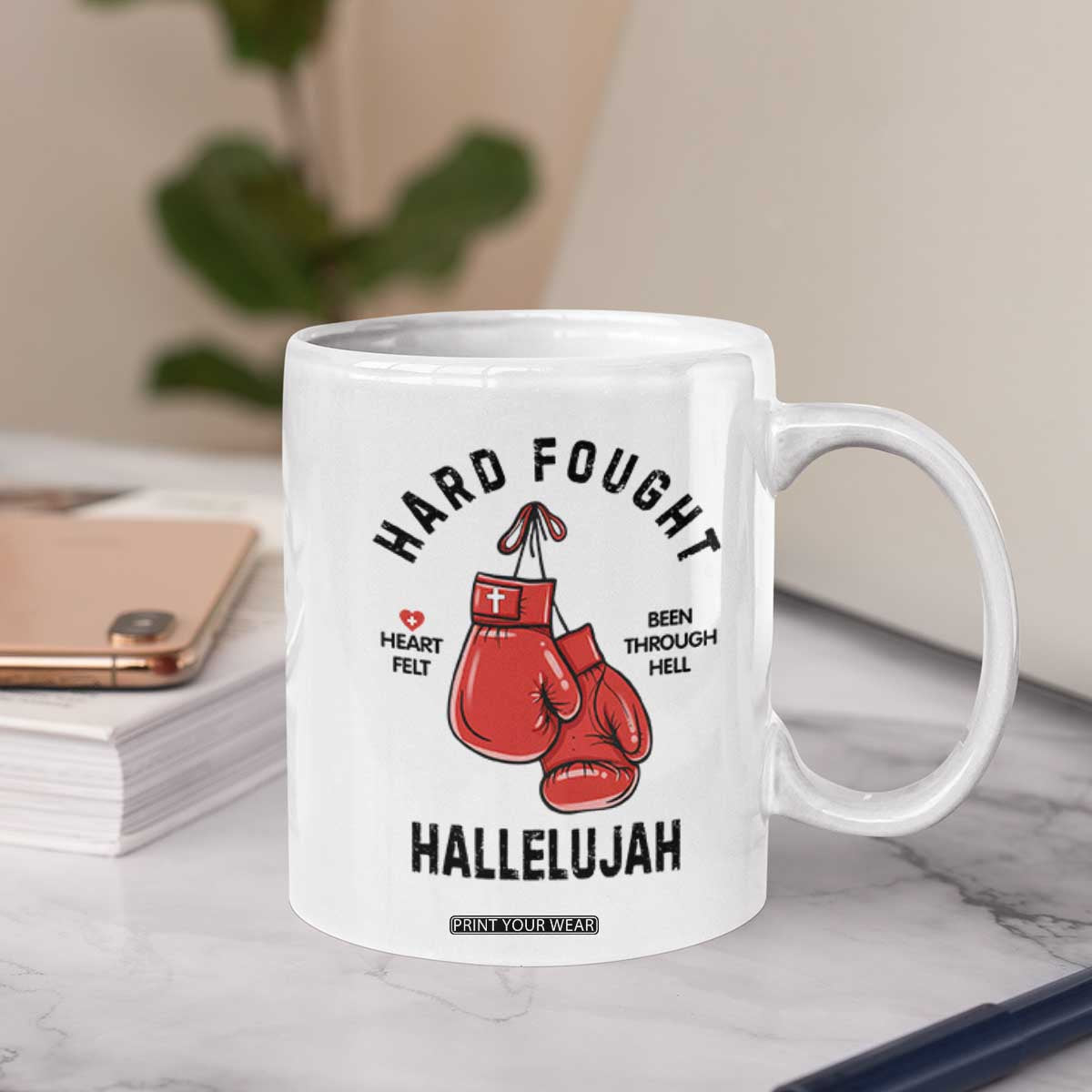 Hard Fought Hallelujah Coffee Mug Christian Boxing Gloves Bible Verse Faith TS14 Print Your Wear