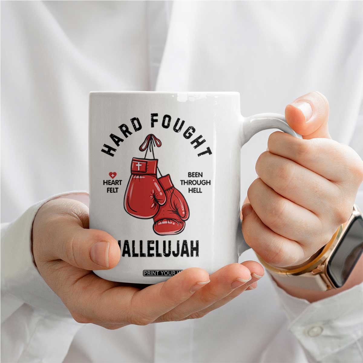 Hard Fought Hallelujah Coffee Mug Christian Boxing Gloves Bible Verse Faith TS14 Print Your Wear