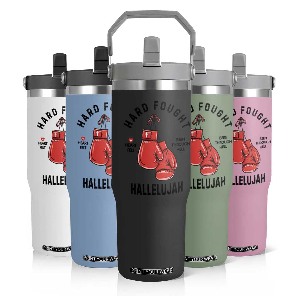 Hard Fought Hallelujah Flip Straw Tumbler Christian Boxing Gloves Bible Verse Faith TS14 Print Your Wear