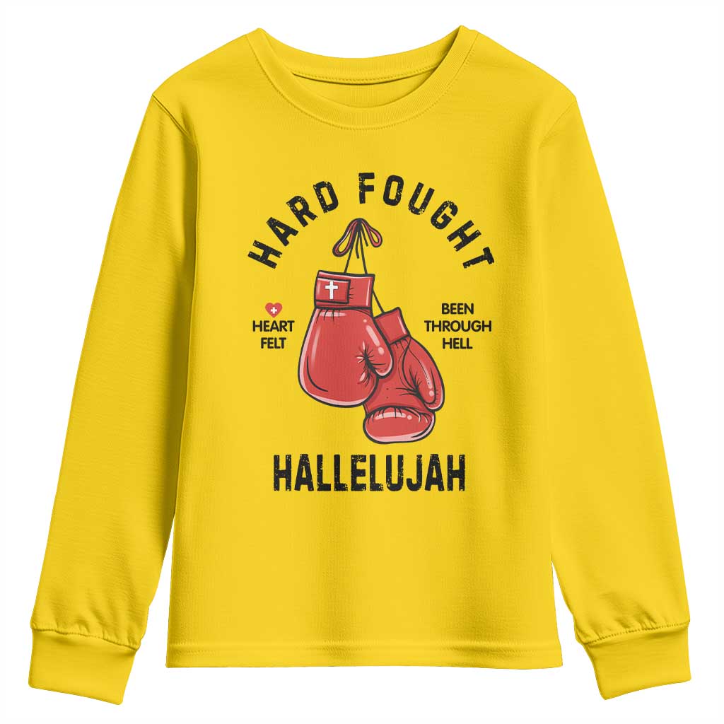 Hard Fought Hallelujah Youth Sweatshirt Christian Boxing Gloves Bible Verse Faith TS14 Daisy Print Your Wear