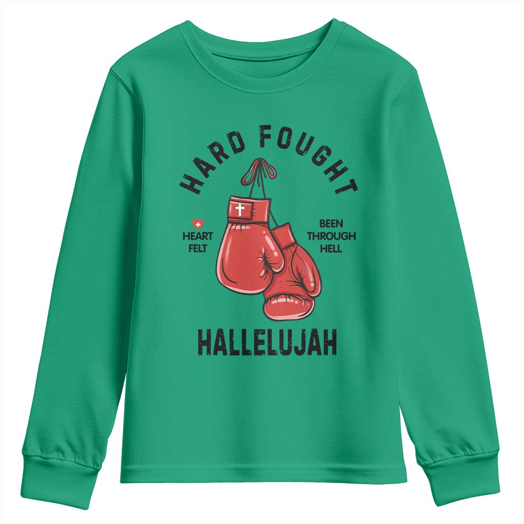 Hard Fought Hallelujah Youth Sweatshirt Christian Boxing Gloves Bible Verse Faith TS14 Irish Green Print Your Wear
