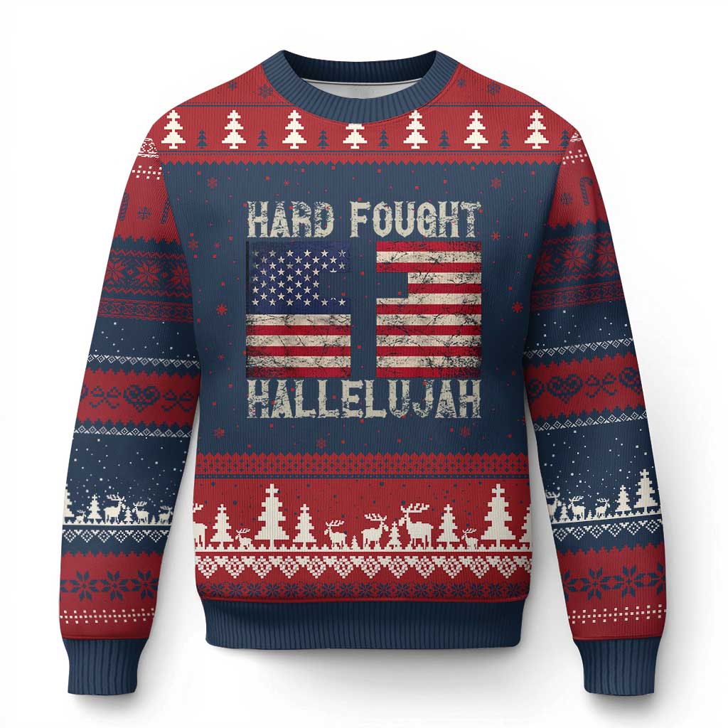 Hard Fought Hallelujah Ugly Christmas Sweater Patriotic Christian Faith American Flag TS14 Navy Red Print Your Wear