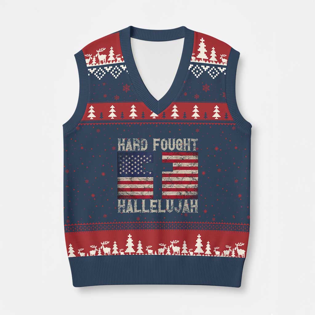 Hard Fought Hallelujah V-Neck Knit Sweater Vest Patriotic Christian Faith American Flag TS14 Navy Red Print Your Wear