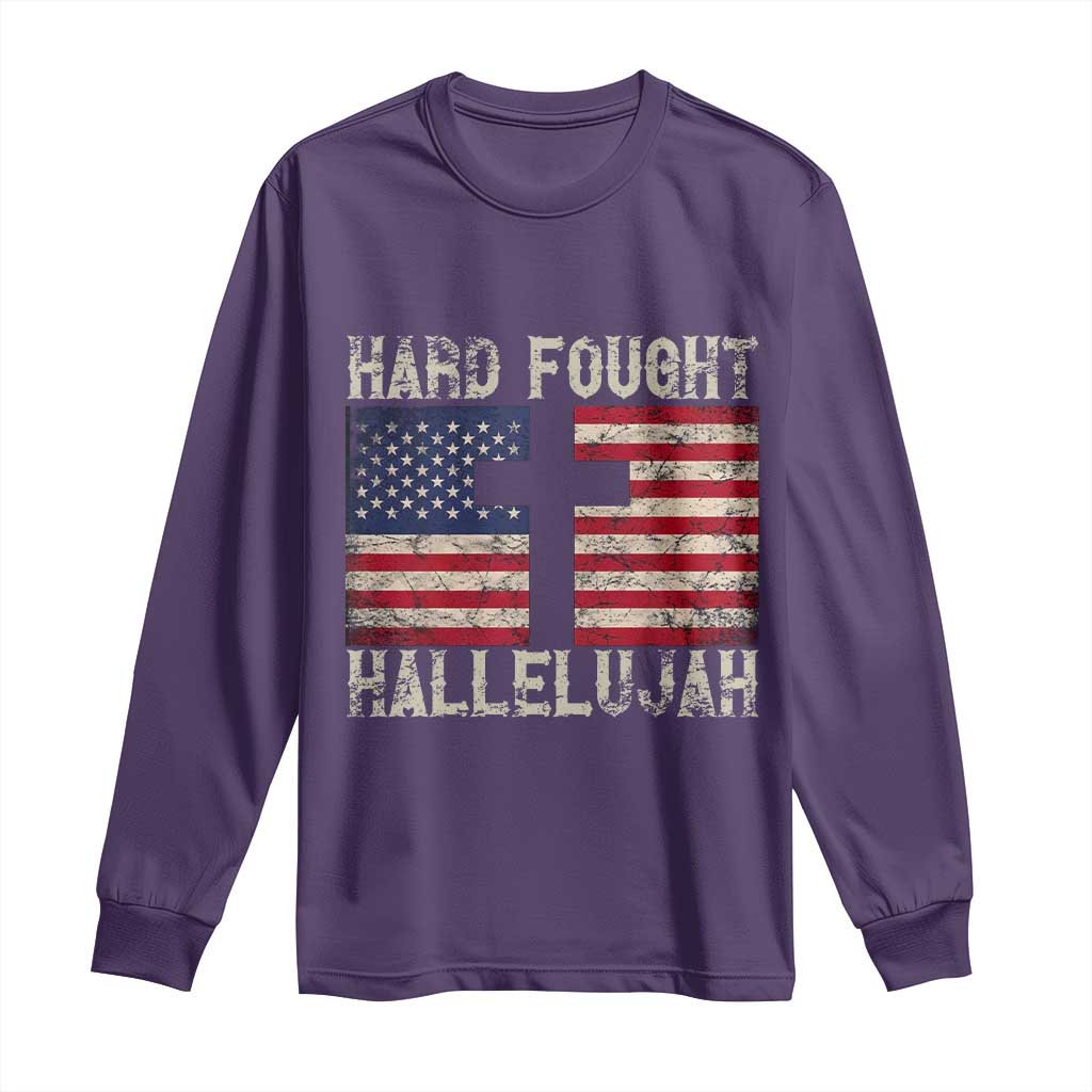 Hard Fought Hallelujah Long Sleeve Shirt Patriotic Christian Faith American Flag TS14 Purple Print Your Wear