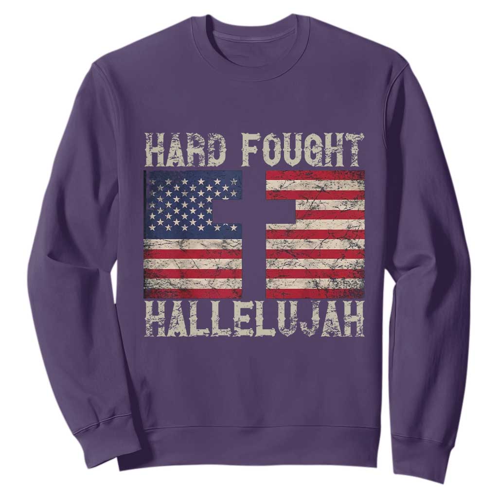 Hard Fought Hallelujah Sweatshirt Patriotic Christian Faith American Flag TS14 Purple Print Your Wear