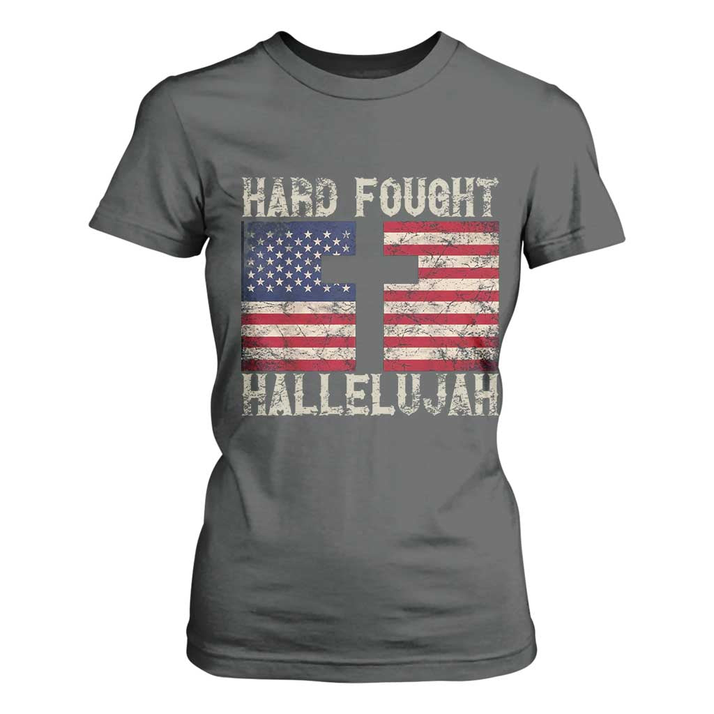 Hard Fought Hallelujah T Shirt For Women Patriotic Christian Faith American Flag TS14 Dark Heather Print Your Wear
