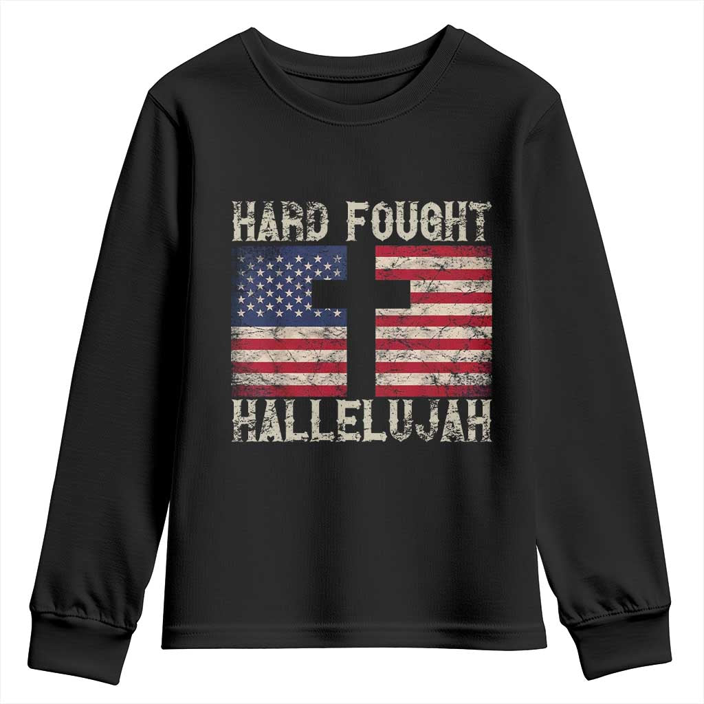 Hard Fought Hallelujah Youth Sweatshirt Patriotic Christian Faith American Flag TS14 Black Print Your Wear