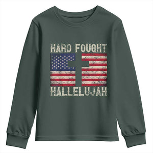 Hard Fought Hallelujah Youth Sweatshirt Patriotic Christian Faith American Flag TS14 Dark Forest Green Print Your Wear