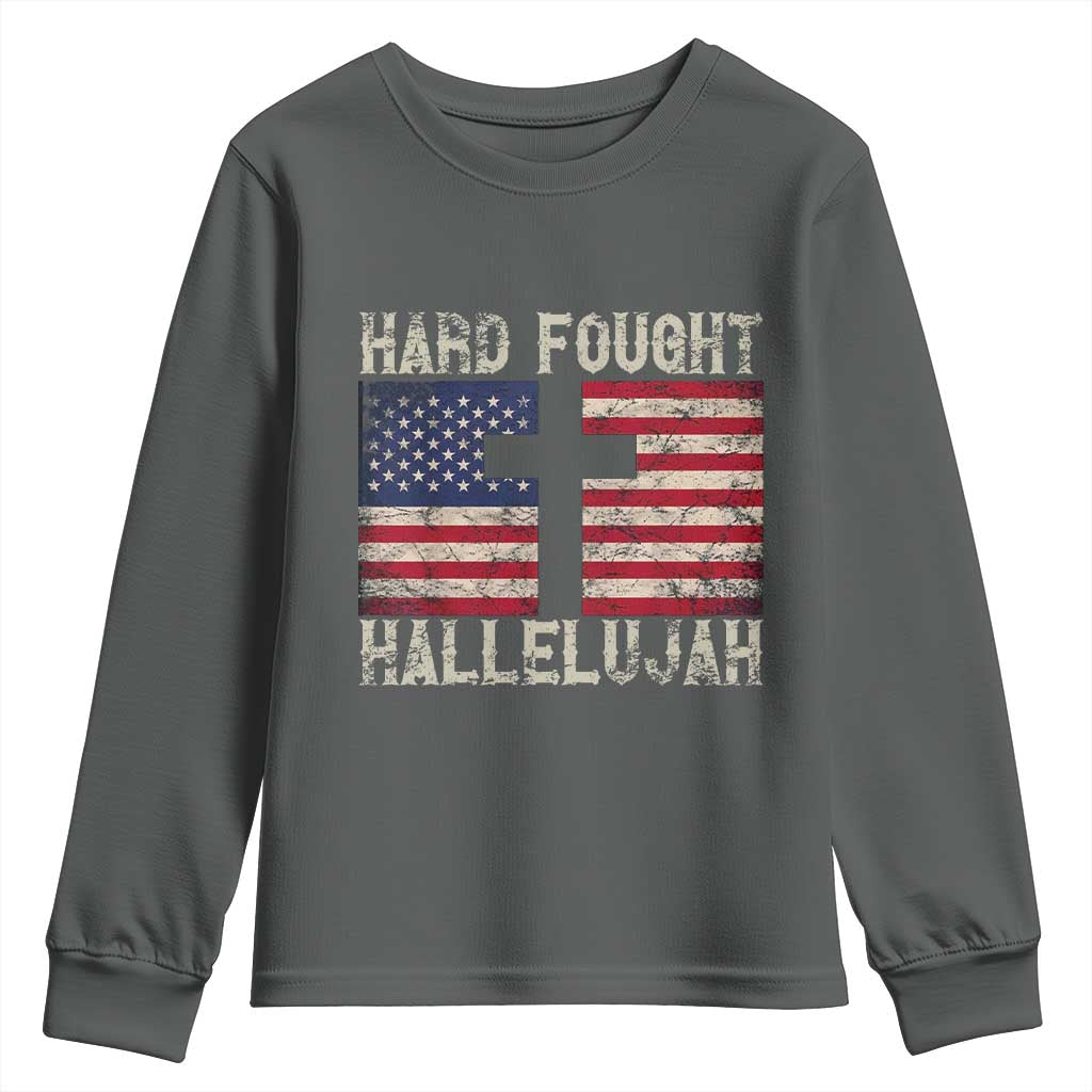 Hard Fought Hallelujah Youth Sweatshirt Patriotic Christian Faith American Flag TS14 Dark Heather Print Your Wear