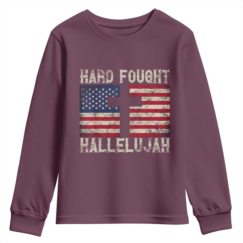 Hard Fought Hallelujah Youth Sweatshirt Patriotic Christian Faith American Flag TS14 Maroon Print Your Wear