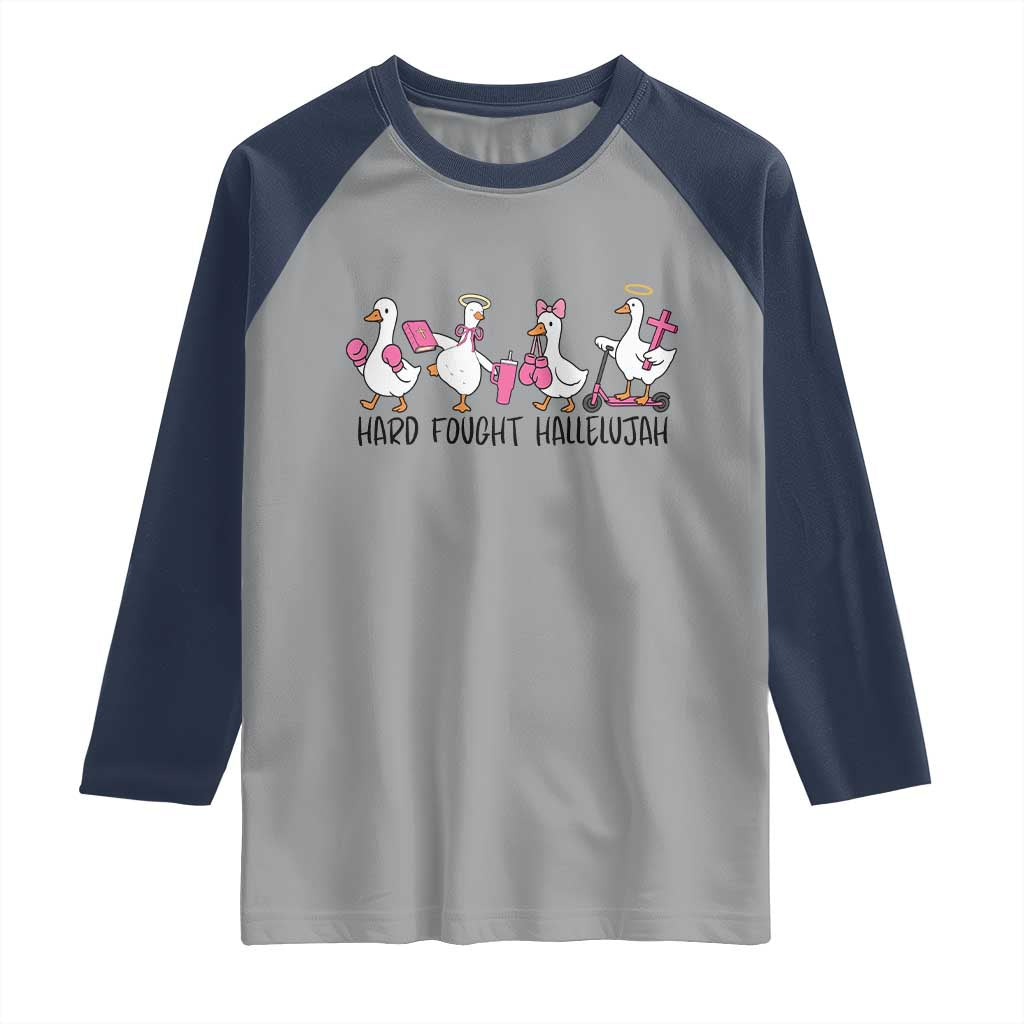 Hard Fought Hallelujah Raglan Shirt Funny Christian Goose TS14 Sport Gray Navy Print Your Wear