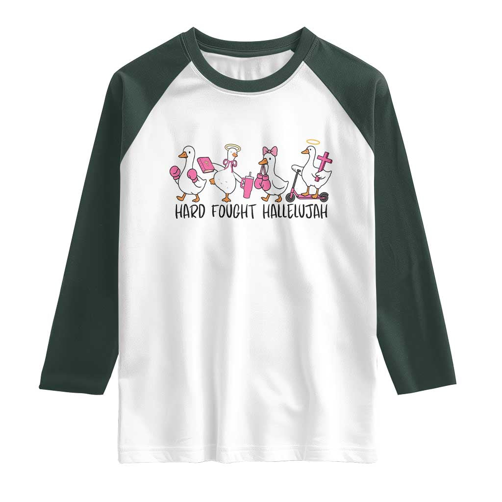 Hard Fought Hallelujah Raglan Shirt Funny Christian Goose TS14 White Dark Forest Green Print Your Wear