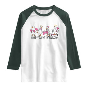 Hard Fought Hallelujah Raglan Shirt Funny Christian Goose TS14 White Dark Forest Green Print Your Wear