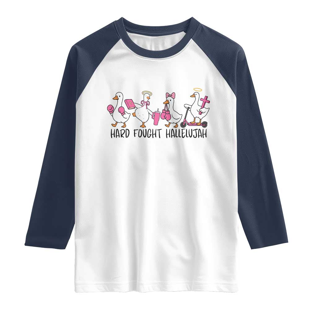 Hard Fought Hallelujah Raglan Shirt Funny Christian Goose TS14 White Navy Print Your Wear