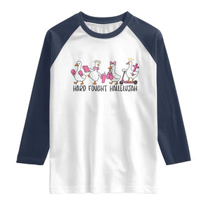 Hard Fought Hallelujah Raglan Shirt Funny Christian Goose TS14 White Navy Print Your Wear