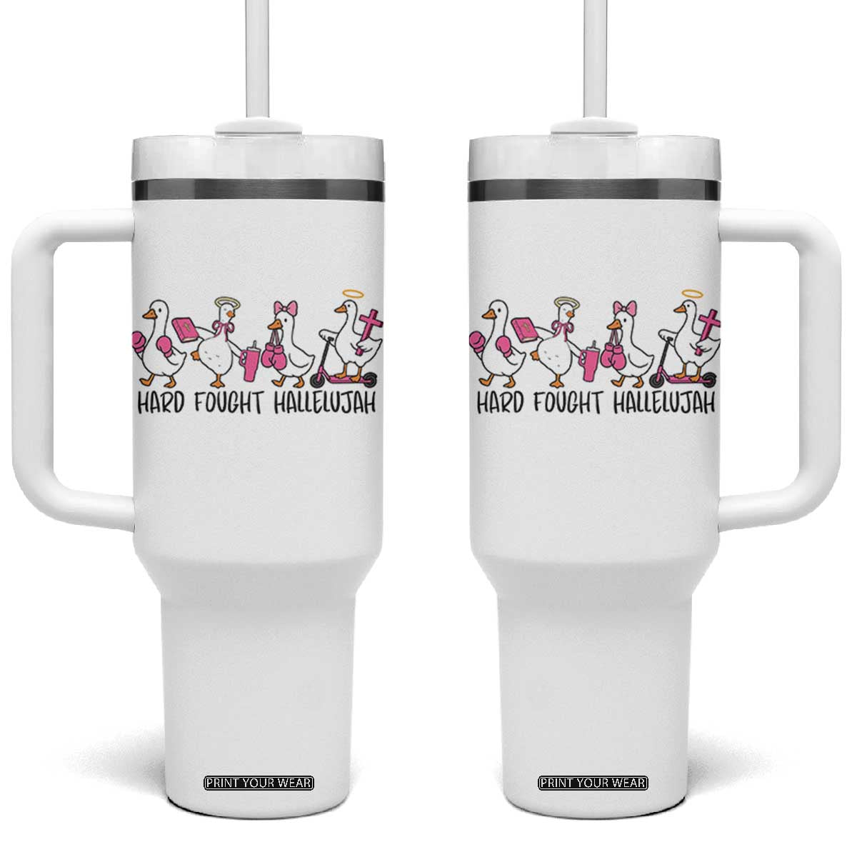 Hard Fought Hallelujah Tumbler With Handle Funny Christian Goose TS14 One Size: 40 oz White Print Your Wear