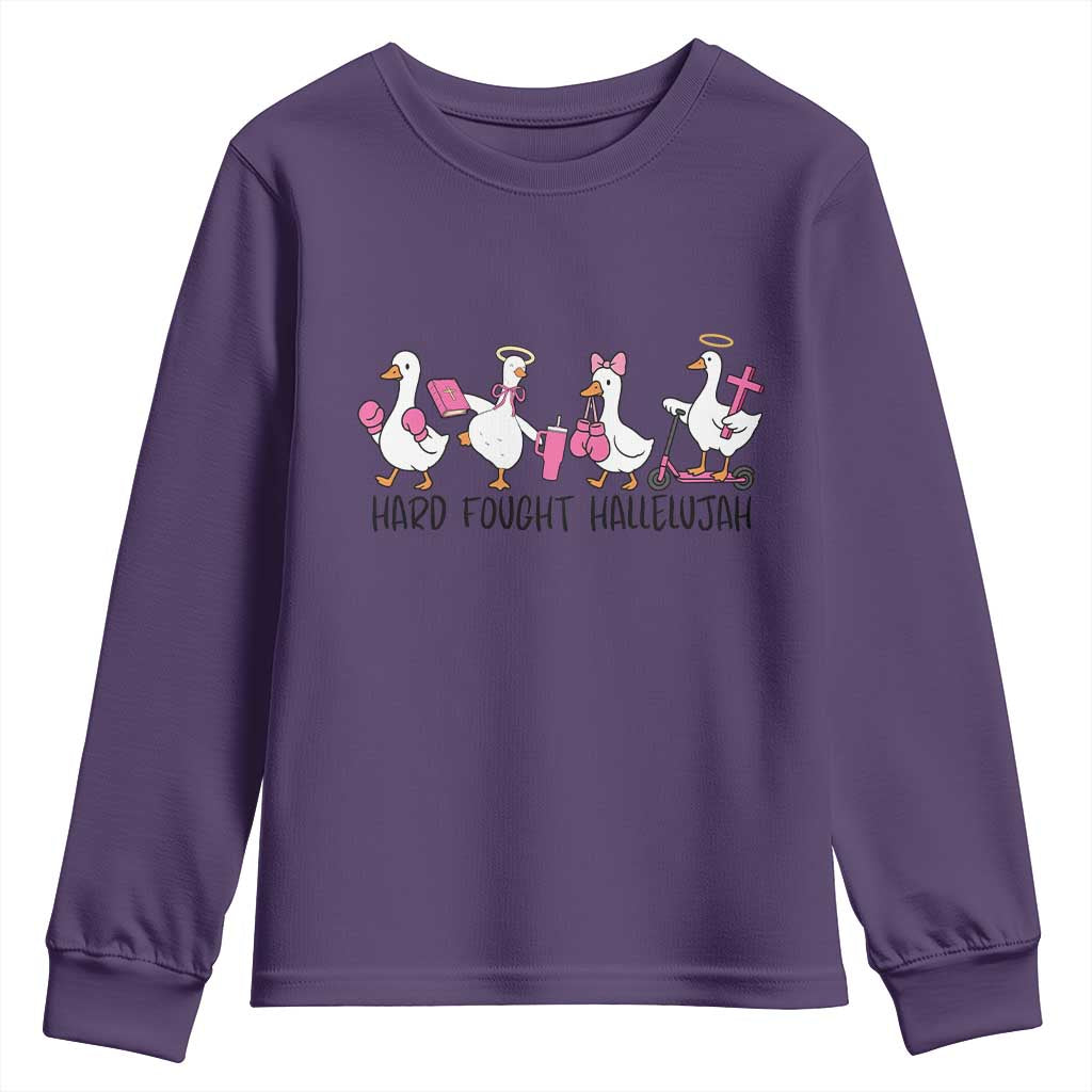 Hard Fought Hallelujah Youth Sweatshirt Funny Christian Goose TS14 Purple Print Your Wear