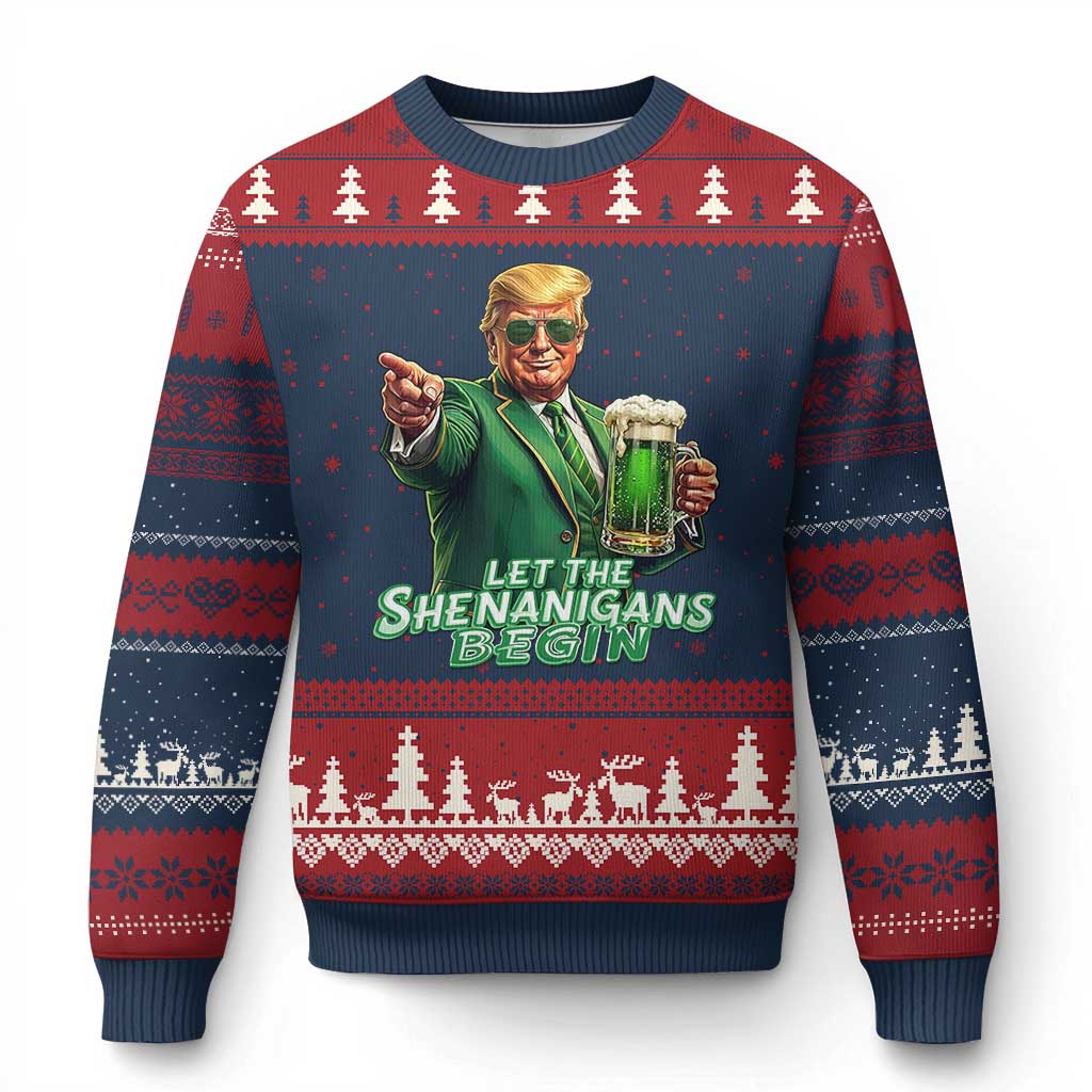 Funny Trump St Patricks Day Ugly Christmas Sweater Let The Shenanigans Begin TS14 Navy Red Print Your Wear