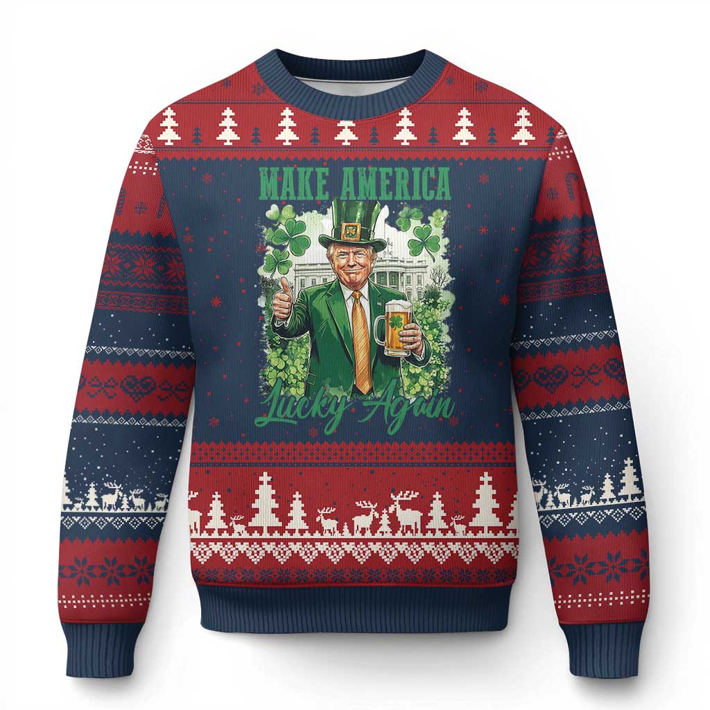 Funny Trump St Patricks Day Ugly Christmas Sweater Make American Lucky Again TS14 Navy Red Print Your Wear