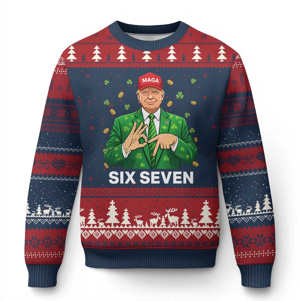 67 Trump St Patricks Day Ugly Christmas Sweater Funny Six Seven Hands Meme Political TS14 Navy Red Print Your Wear