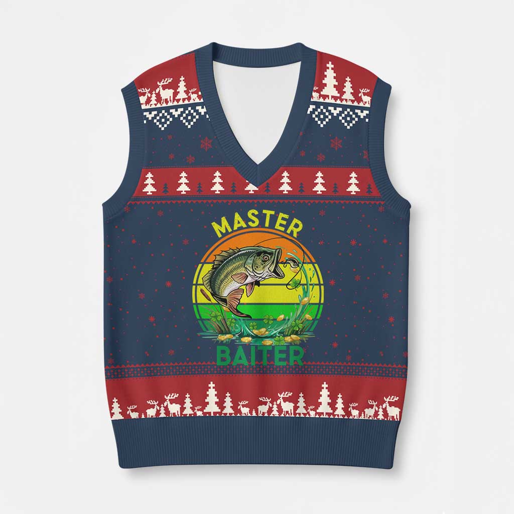 Funny Bass Fishing St Patricks Day V-Neck Knit Sweater Vest Master Baiter TS14 Navy Red Print Your Wear