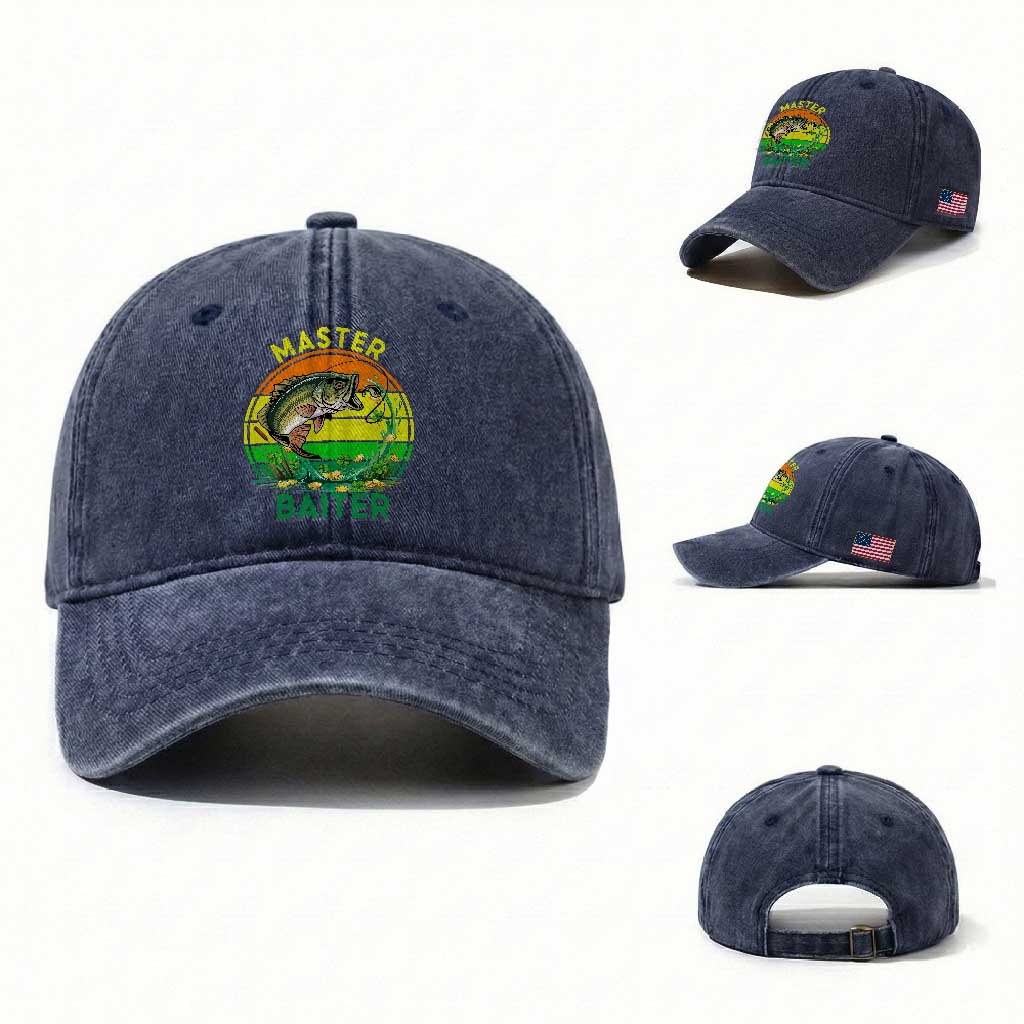 Funny Bass Fishing St Patricks Day Washed Cotton Baseball Cap Master Baiter TS14 Washed Cap Universal Fit Navy Print Your Wear
