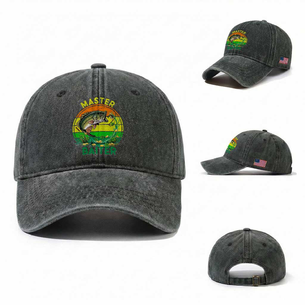 Funny Bass Fishing St Patricks Day Washed Cotton Baseball Cap Master Baiter TS14 Washed Cap Universal Fit Dark Green Print Your Wear
