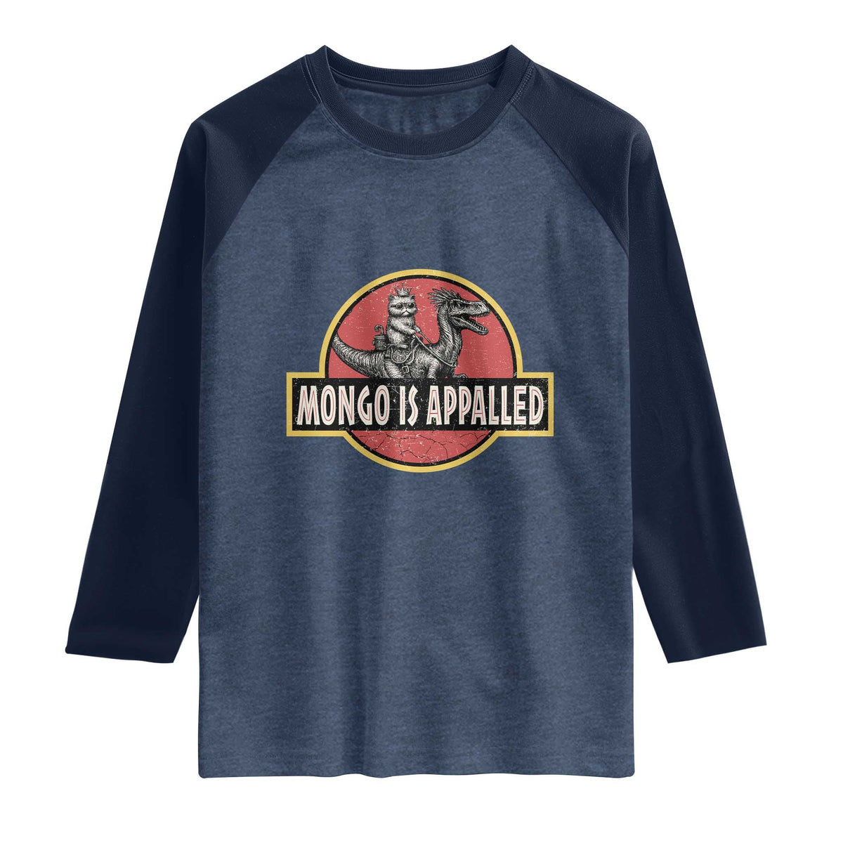 Retro Mongo is Appalled Raglan Shirt Princess Cat Riding Dinosaur Book Lover TS14 Heather Denim Navy Print Your Wear