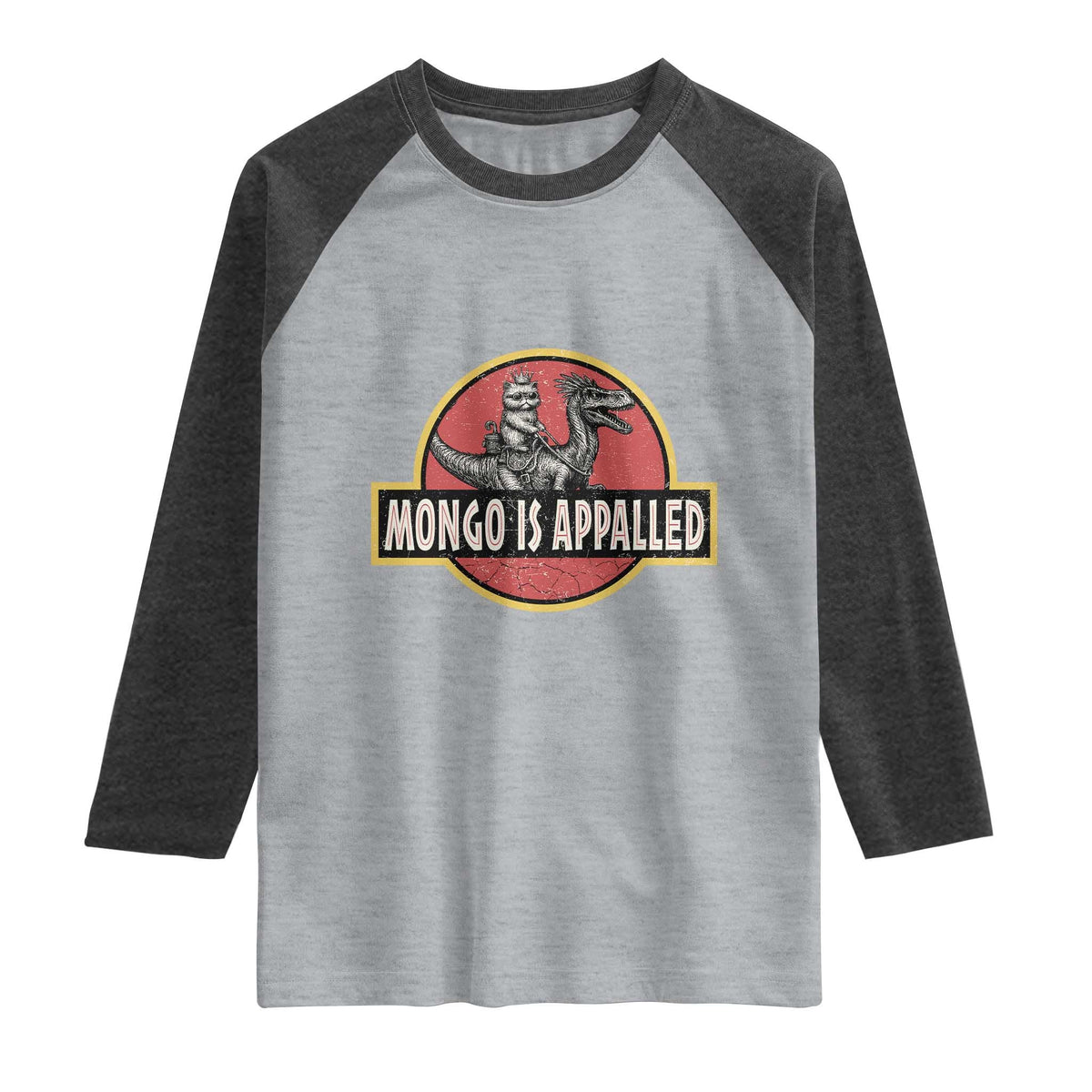 Retro Mongo is Appalled Raglan Shirt Princess Cat Riding Dinosaur Book Lover TS14 Heather Gray Heather Charcoal Print Your Wear