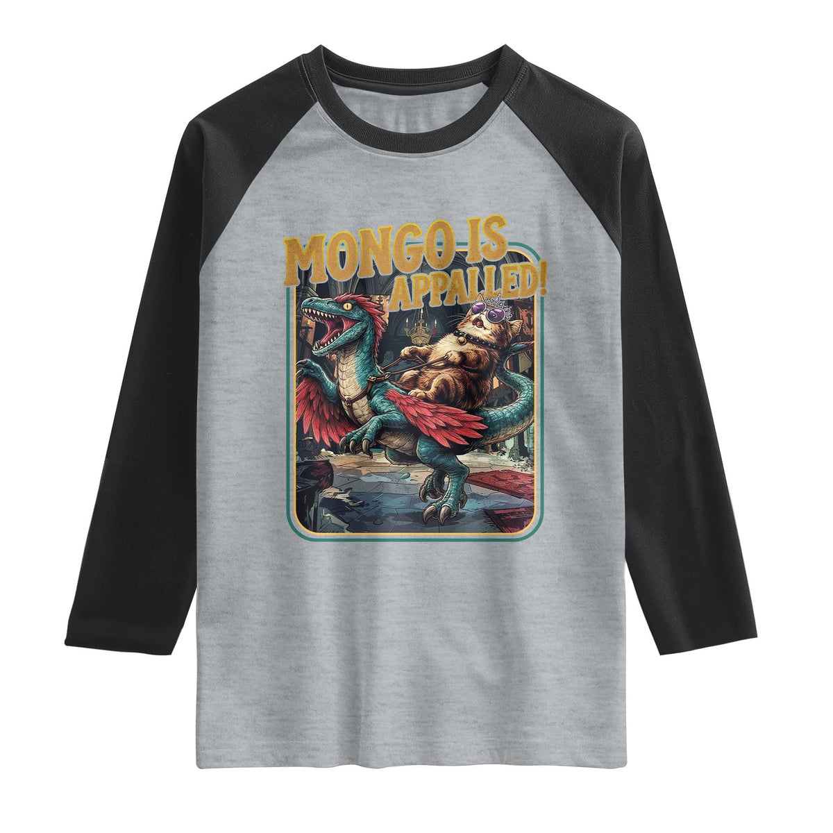 Mongo is Appalled Raglan Shirt Vintage Princess Cat Riding Dinosaur Sci-Fi Book Lover TS14 Heather Gray Black Print Your Wear