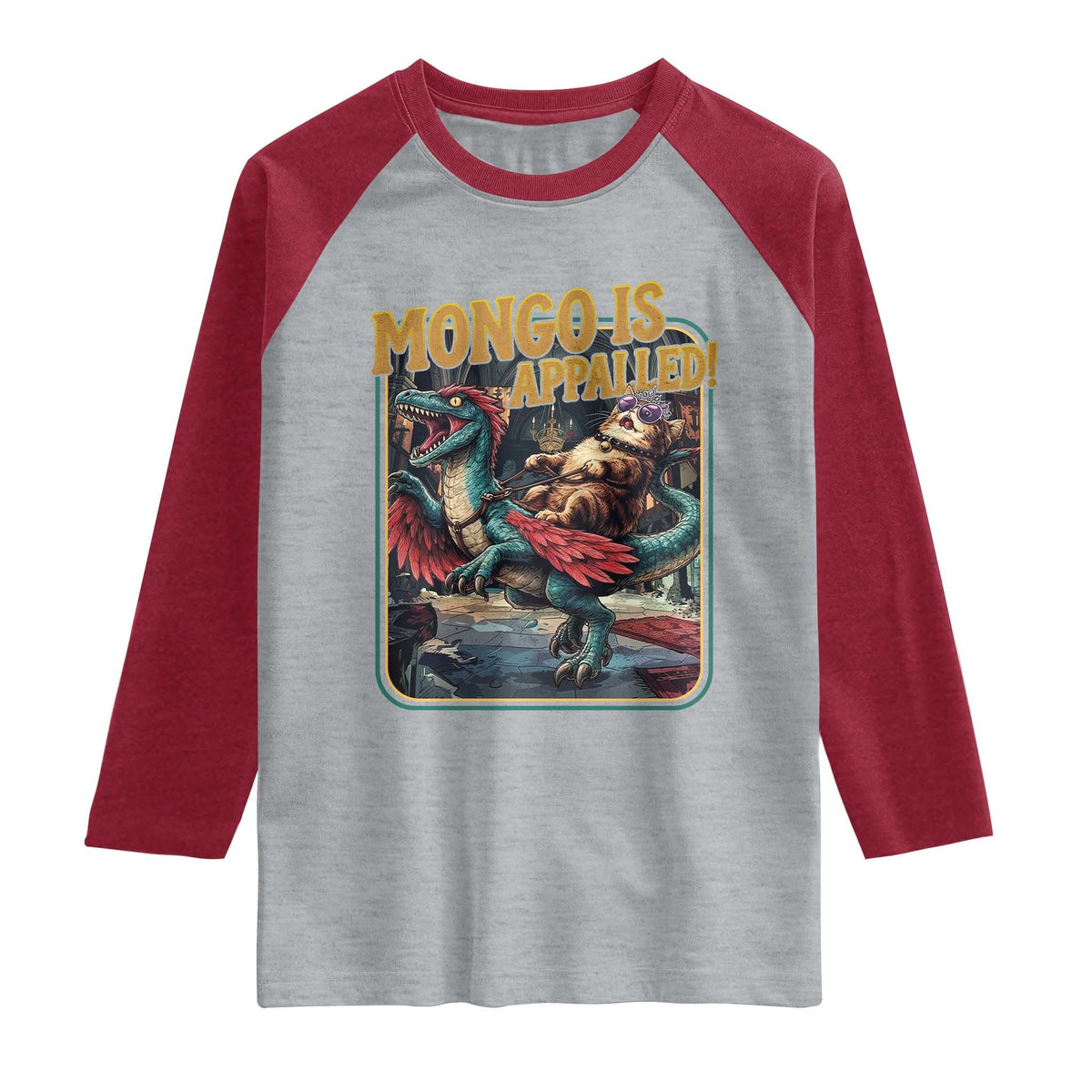 Mongo is Appalled Raglan Shirt Vintage Princess Cat Riding Dinosaur Sci-Fi Book Lover TS14 Heather Gray Heather Red Print Your Wear