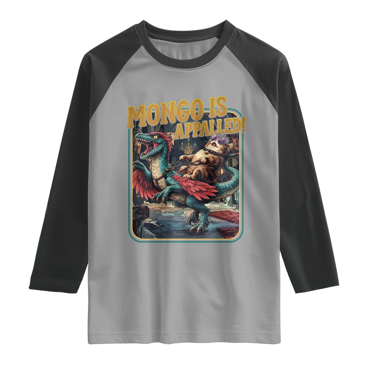 Mongo is Appalled Raglan Shirt Vintage Princess Cat Riding Dinosaur Sci-Fi Book Lover TS14 Sport Gray Black Print Your Wear