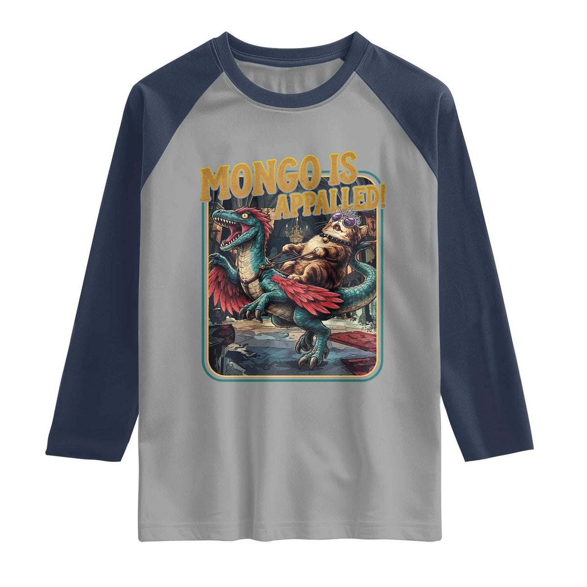 Mongo is Appalled Raglan Shirt Vintage Princess Cat Riding Dinosaur Sci-Fi Book Lover TS14 Sport Gray Navy Print Your Wear
