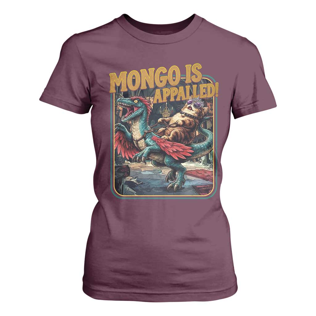 Mongo is Appalled T Shirt For Women - Vintage Princess Cat Riding Dinosaur Sci-Fi Book Lover TS14 Maroon Print Your Wear