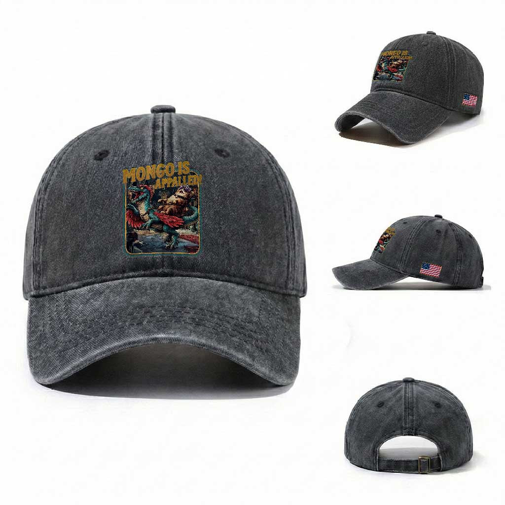 Mongo is Appalled Washed Cotton Baseball Cap Vintage Princess Cat Riding Dinosaur Sci-Fi Book Lover TS14 Washed Cap Universal Fit Dark Gray Print Your Wear