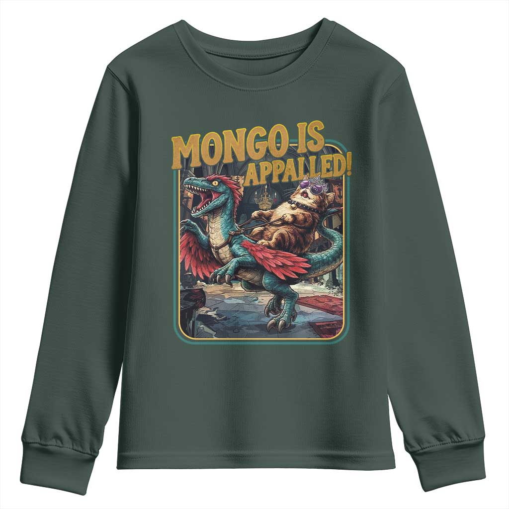 Mongo is Appalled Youth Sweatshirt Vintage Princess Cat Riding Dinosaur Sci-Fi Book Lover TS14 Dark Forest Green Print Your Wear
