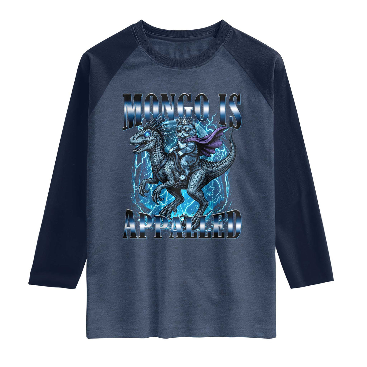 Mongo is Appalled Raglan Shirt Funny Princess Cat Riding Dinosaur TS14 Heather Denim Navy Print Your Wear